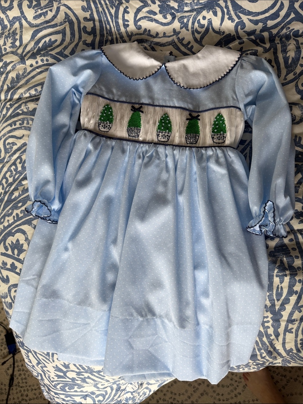 Smocked Topiary Dress by The Smocked Flamingo - Light Blue & White